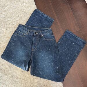 Missguided Mid Rise Dark Wash Wide Leg Rhinestone Crystal Jeans